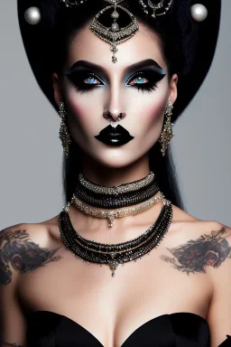 Portrait emo bride with piercings in skin-tight black dress, full body shot, full-color long shot, Black lipstick pale face, black eyeshadow