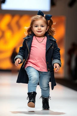 2 years old very fat baby girl with clothing like fashion model with pretty high heels in runway