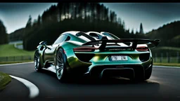 Rear View A stunningly realistic (((porsche 918 x mansory))), intricate detail and perfection in every surface, glimmering metal and luxurious contours, a (perfect model) for a desktop wallpaper fit for high resolution screens, evoking a sense of futuristic elegance in a (4K cinematic atmosphere).