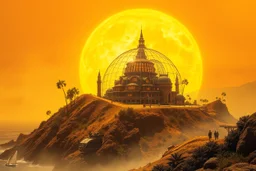 A burned villa on the hill of California coast of giant yellow sun, epic fantasy sci-fi style, huge transparent dome city on surface