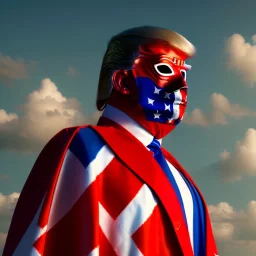 realistic image of donald trump as a mexican wrestling fighter posing outdoors, Mexican eyes wrestling mask, red and blue breeches, confederate flag cape, retro style, 80s, vibrant color, highly detailed, sky background, concept art, unreal engine 5, god rays, ray tracing, RTX, lumen lighting, ultra detail, volumetric lighting, 3d, finely drawn, high definition, high resolution.