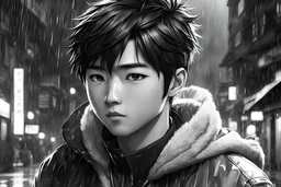 2 cute Asian guy, Anime gamer boy, beautiful, handsome, Wednesday Adam in 8k anime cgi drawing style, Adam family them, neon effect, close picture, rain, highly detailed, high details, detailed portrait, masterpiece, ultra detailed, ultra quality, Chinese city, 1 husky dog, monochrome, side view