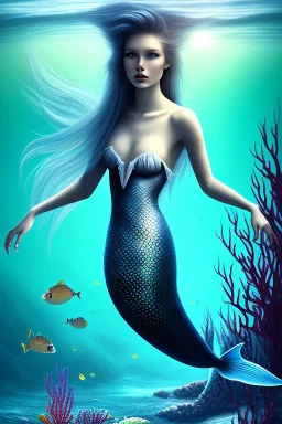 black long hair mermaid with white top in the ocean