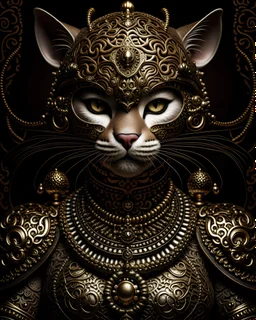 Beautiful cat animal haddressed woman portrait adorned with metallic filigree decadent voidcore shamanism costume armour and headress decadent gothic maljsian style organic bio spinal ribbed detail of extremely detailed maximálist hyperrealistic portrait art