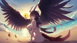 Highly detailed medium shot of a bird, sand, hot, cute, feathers, wings, tail, sun, large