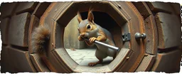 weird ass squirrel burglar breaking open a hexagon door with a crowbar , pinhole cam, airbrush 3d rendering, in the style of John Atkinson Grimshaw , torn edges on border