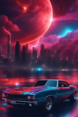 The Man from Atlantis, cosmic clouds, neon cityscape, muscle cars, planets, moons, stars, cosmic vortex, bright red, every color in the rainbow, 4k, 8k, 16k, 32k. 100k UHD, extremely detailed skin texture, hyper-realistic, photorealistic, Realism Engine, EpicPhotoGasm, Realistic Vision V51