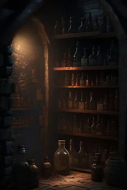 A dark dungeon room with a dusty shelf holding only vintage bottles