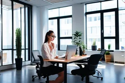 Beautiful problem solving woman in a modern office in sunshine