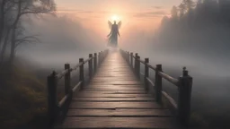 walking straight ahead over a wooden bridge, holding the angel of death with your right hand, entering the fog at the end of the road that leads to the afterlife, a stream from the mountains flows from the right and left, and a beautiful sunset behind the fog, realistic