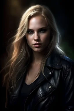 front page picture for dark fantasy / paranormal romance. A woman with blond hair and almond shaped grey eyes. She is a guild hunter and often wears tight pants and a leather jacket.