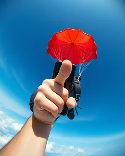 Smartphone closest to the camera The person’s face clearly visible immediately behind the phone Person remains the unmistakable main subject Right index finger pointing directly toward the camera Fully deployed bright red parachute completely visible above the person Dramatic forced perspective Strong sense of height, speed and depth Clean blue sky and dramatic cloudscape Natural cinematic composition No unnecessary objects Use an ultra-wide 16mm action-camera perspective, dramatic depth, reali