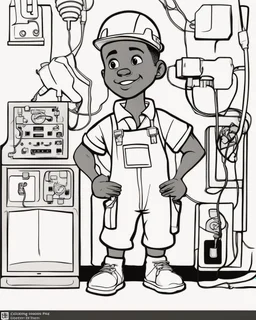 coloring page, depicting a black boy as a Electrician, full body, outline, black and white, highly defined, well defined, white background, empty background, cartoon style, coloring book style