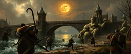 fantasy art, style of Rembrandt, potrait photo of Orc raiders near the Moonbridge: A horn sounds from the Rauvin River's edge. A small warband of orcs, having bypassed the outer patrols, is spotted trying to sneak into the city. City guards rush to respond. interesting camera angle