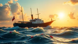 a big ship in oecieon in powerfull waves ,a beautiful sun set and dreamy clouds , young couple dancint on deck and flowers flows from deck to water
