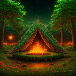 Camp fire, Rainy Night, highly detailed with lush forests, green leafs, flowers, pagan temple with runes, high resolution, 24k, ornate, intricate, complex, digital painting, smooth