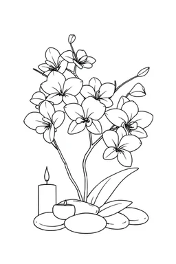 outline art for visually rich appealing heart shape orchids plumeria rounded stones candles, ikebana style, coloring page for kids, white background, fit to page, only use outline, clean line art, no shadows, clear and well outlined