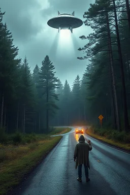 Fantasy forest road a man with hood waiting for a ride raising one hand to the driver to stop on the side of the road car did not stop ufo hovering above the cat