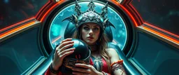 portrait of space gypsy bloodsucker in avid space craft, unearthly beauty nature dreamlike, jungle sexy one, holding her helmet in lap, goa trance halloween glam rock soul opera, explorer new frontier, meeting with two new races beyond our star system