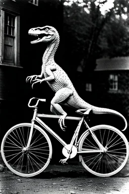 Velociraptor riding a bicycle in 1873. Photograph.
