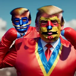 realistic image of donald trump as a mexican wrestling wrestler posing outdoors, Mexican wrestling mask, red and blue breeches, suspenders, retro style, 80s, vibrant color, highly detailed, sky background, concept art, unreal engine 5, god rays, ray tracing, RTX, lumen lighting, ultra detail, volumetric lighting, 3d, finely drawn, high definition, high resolution.