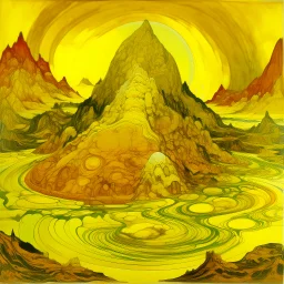 A golden yellow mountain with acid pools painted by Frank Lloyd Wright
