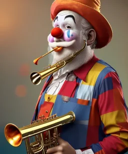 happy and funny old friendly clown with round head and trimmed beard playing jazz with a steampunk theme, trumpet on mouth, carnival, dreamy