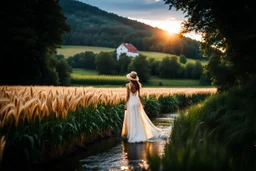 wide angle shot of golden wheat field next to river ,a watermill on river, a beautiful girl in pretty long dress walking in