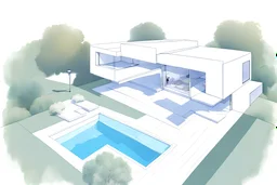 Make a hand drawing from a modern cubic house with a garden and a pool
