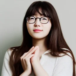 Portrait of a beautiful Korean girl with brown hair and round glasses wearing white headphones with her hand under her chin