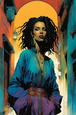 create an imaginative print illustration of a female, ornately dressed Moroccan sorceress with finely detailed facial features, short dreadlock hair, in the backstreets of Casablanca, in the comic book art style of Bill Sienkiewicz, Mike Mignola, and Jean Giraud Moebius, finely textured, drawn, colored, and inked