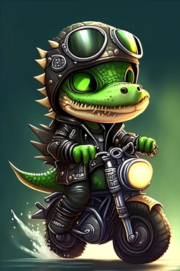 a cute chibi alligator driving a motorcycle leather jacket digital art game style, digital art, high quality, fantasy look,