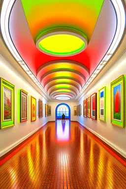 3 D-shot A hall for displaying art paintings. The walls are oval-shaped, and there is an oval wall in the middle of the hall, to divide the hall into two parts, and the paintings are hung on the walls.