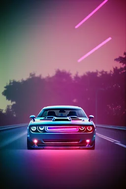 schönes foto von einem chromlackierten dodge challenger in heckansicht der auf einem highway richtung horizont fährt,miami vice, miami, neon ligths,chrome, synthwave, retro, high detailed,unreal engine, octane render, photo realistic, viele palmen, komplementärfarben