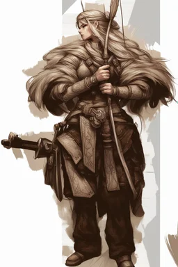 Girl Archer concept art, small head, full body, sketch, coll style, bow