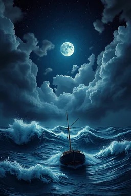 Bosch painting nightmare , a boat in a high waves in the middle of the ocean in dark storm and thunders starry night in the cloudy sky with a dim half moon covered by clouds , cinematic scene, great photography, 8k , high quality