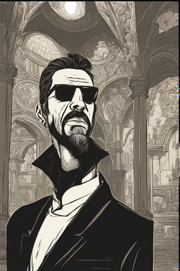 strange priest wearing sunglasses who looks like Hans Gruber with a judgmental look on his face comic book style