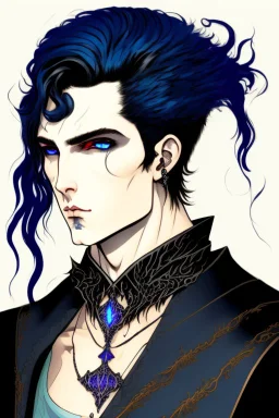 black haired blue eyed young man necromancer wizard with gothic jewelry in the style of nagel