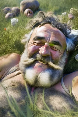 Close up photography, 35mm lens lens, a happy smiling muscular Sardinian shepherd burly chubby man 58 years old, lying down in the meadow near a little tree, ugly and dirty, bullneck, manly chest, in tank top and overalls, wild white beard, ambient occlusion, strong sunshine, emotive eyes, misery and poverty, side view