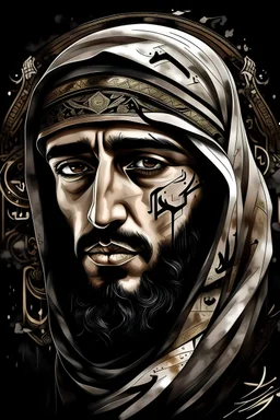 A mesmerizing digital artwork presents a close-up of a distinctly Saudi man's face, with every feature creatively transformed into the intricate art of Arabic calligraphy. The delicate strokes and curves of the calligraphy elegantly adorn his facial features, paying homage to the rich Arabic heritage. The calligraphic style used is inspired by Hurufiyya, adding a touch of modernity to the traditional art form.But this artwork goes beyond the boundaries of the mundane. A double exposure effect