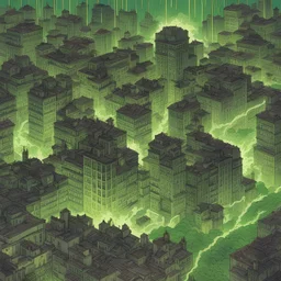 Cidade sendo dominada por raios poderosos verde brilhante, magia destrutiva, cores verdes, traço quadrinhos Marvel