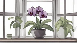 Cartoon black orchid in window scaleblack