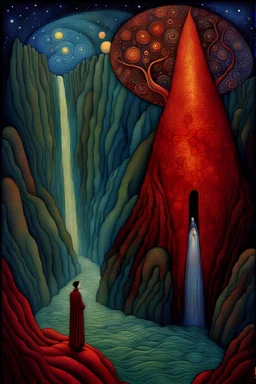 by Bill Carman, deep rich colors by Gustav Klimt, magic lighting, abstract surreal alien galaxy splash swirly textured mountains landscape, waterfall, surreal alien trees, plants, galaxy cosmos, alone man walking illustration, amazingly beautiful fantasy surreal art by Bill Carman, Rene Magritte, Gustav Klimt