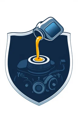 inside a shield shape, a car engine icon with a 1litre oil bottle above pouring oil into the engine, vector illustration