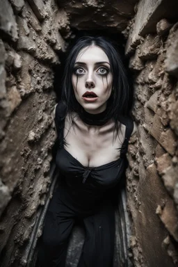 Closeup tall Girl goth with big eyes, huging for a big pulp, inside claustrophobic, ragged clothes, fullbody, the perspective looking up from the bottom of an empty well , 8k,macro photography,