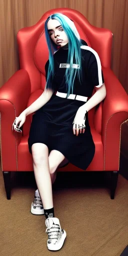 Billie Eilish, sitting on a chair, Black Short Dress, high detail, realistic