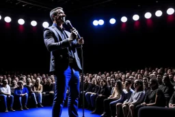 A picture of a speaker standing on a stage looking confident and excited as he speaks to a large audience.