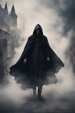 a man in a medival dark hooded cloke surrounded by smoke fullbody flying over a city