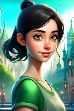 girl portraied as a disney character, disney developing style, disney main character with green eyes and short black hair, beautiful disney girl in a cityscape disney style background