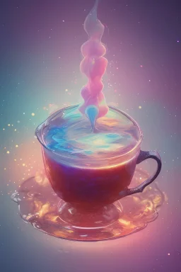 Magical neon watercolor latte art, intricate design, steam rising from cup, cozy cafe interior background, bokeh, photo, poster, 3d render
